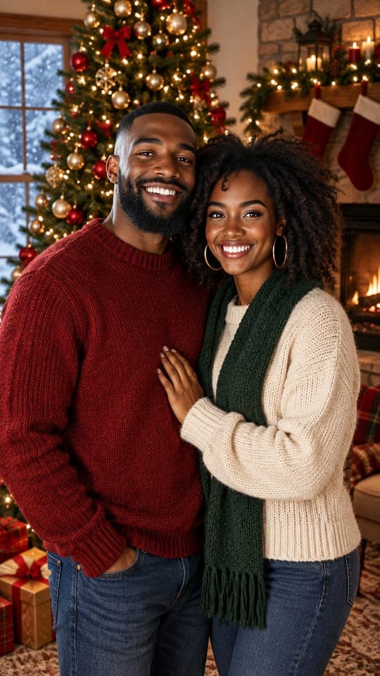 A young couple in Christmas sweaters by the tree, the first frame of their 6-second AI Christmas video