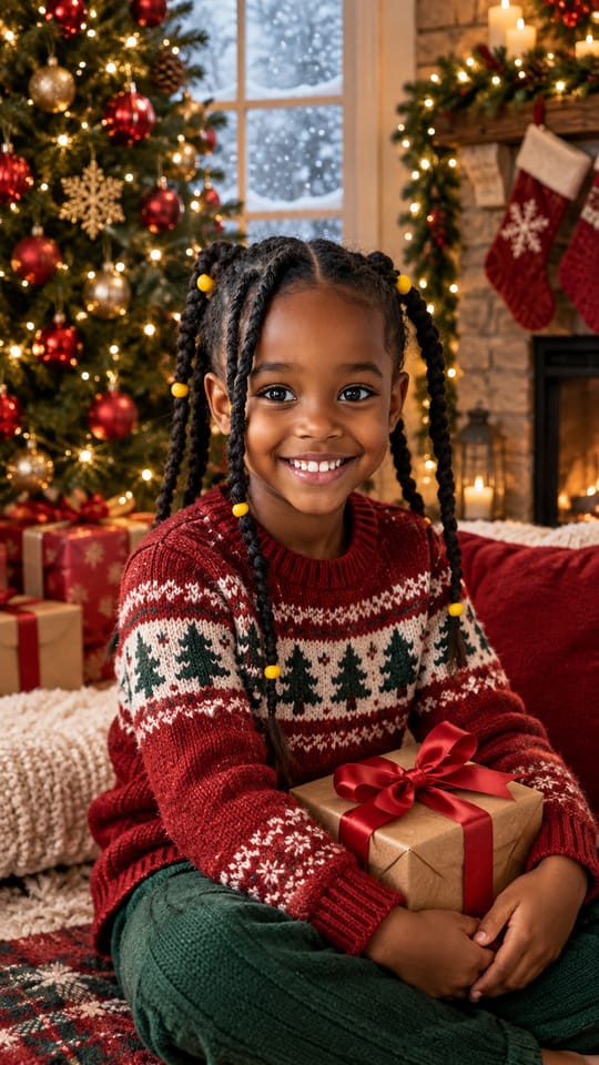 AI Christmas Video Generator still: Braids and yellow beads kept, ready for her Christmas clip.