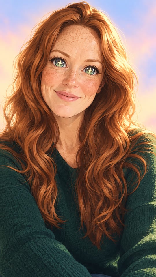 Anime Star Eye Trend still: A window selfie in a green sweater. Same copper waves and freckles, with green star eyes.