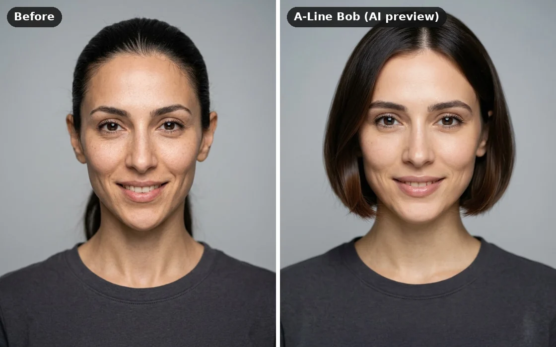 A diamond-shaped face before and after an AI A-line bob preview