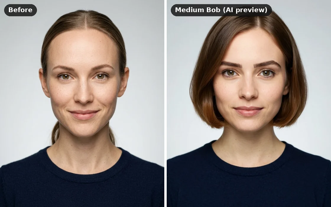A heart-shaped face before and after an AI medium bob preview