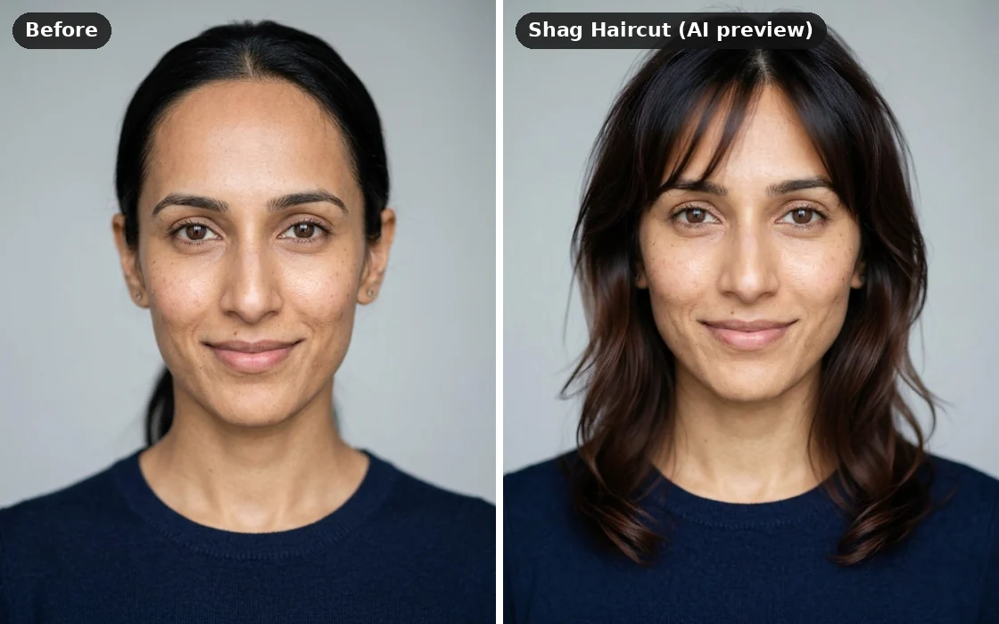 A long, oblong face before and after an AI shag haircut preview