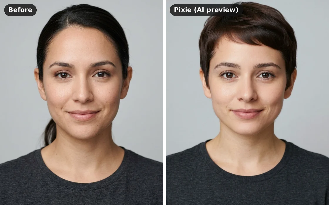 An oval face before and after an AI pixie cut preview