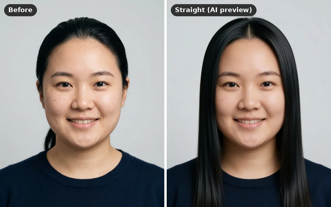 A round face before and after an AI preview of long, straight hair