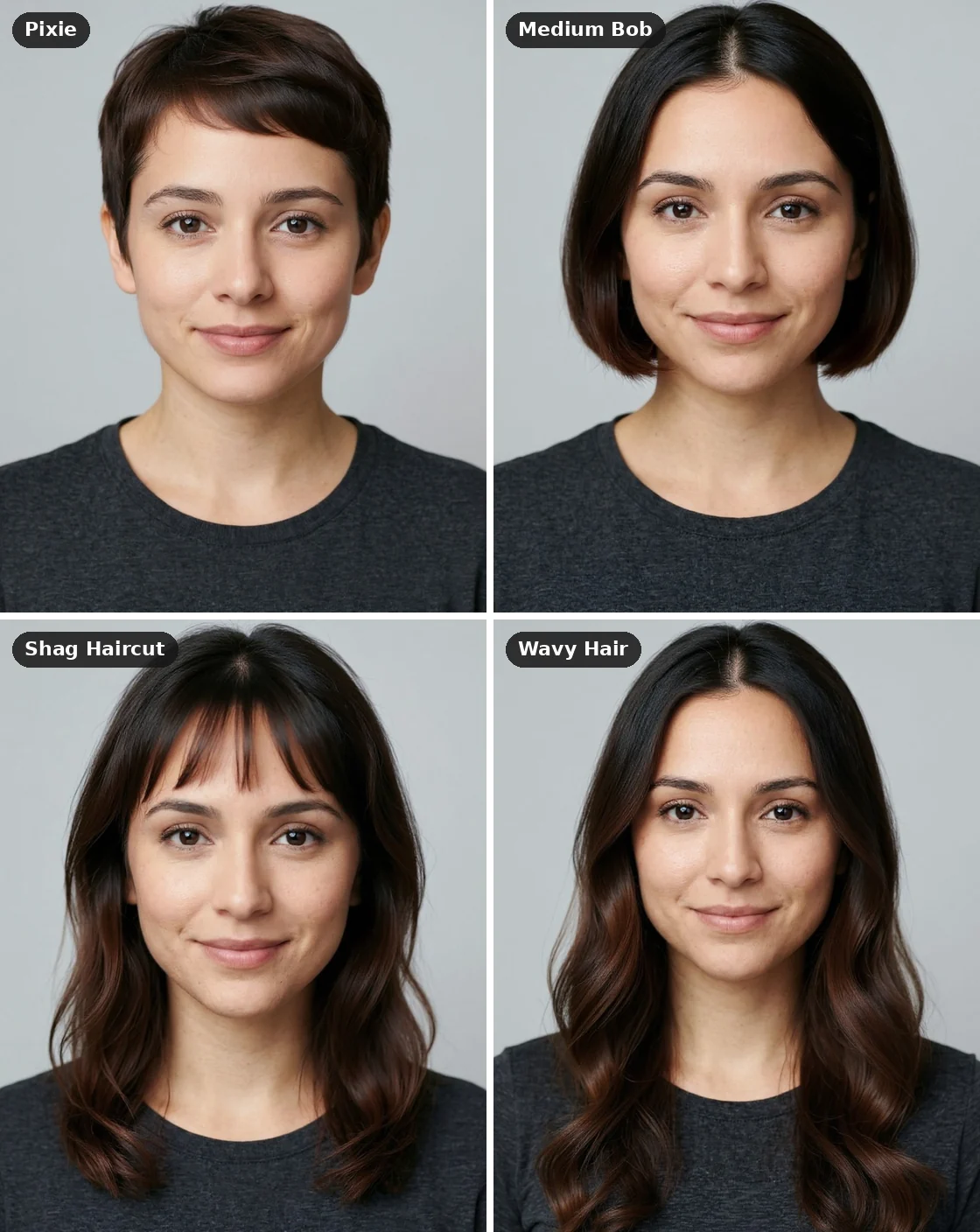 The same woman with four AI hairstyle previews: pixie, medium bob, shag haircut and wavy hair