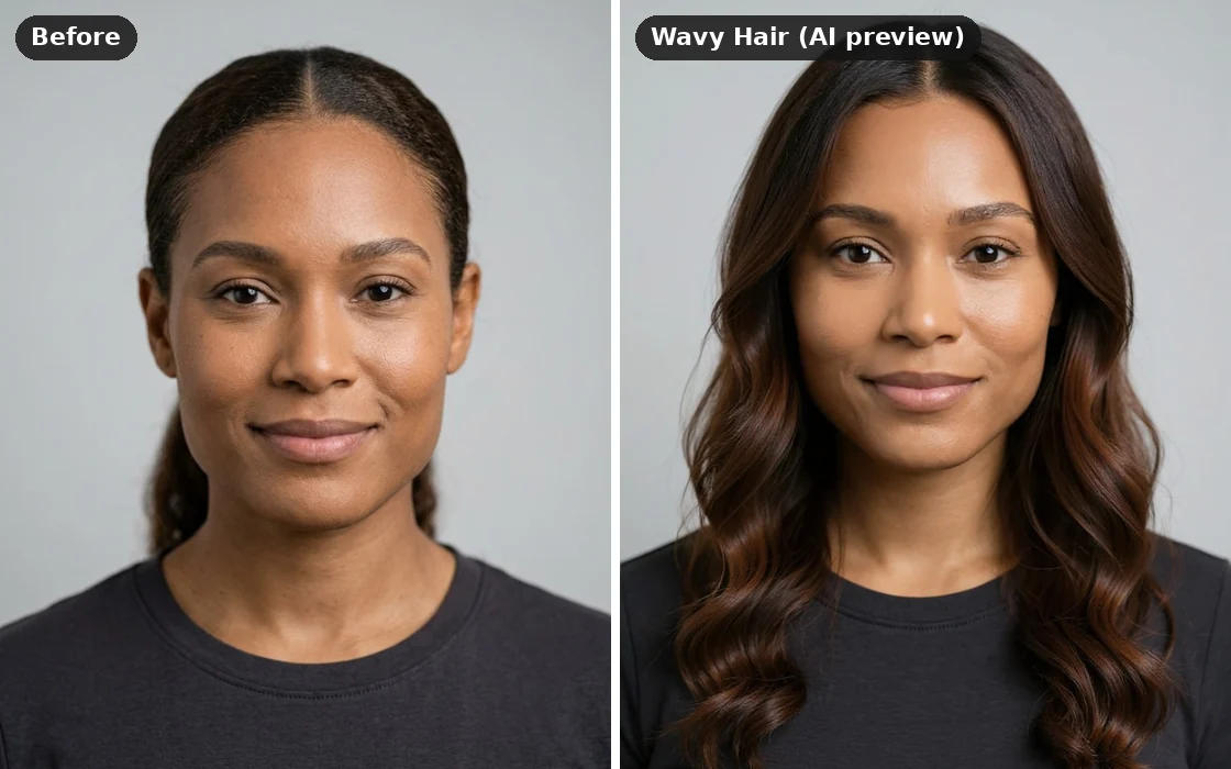 A square face with a strong jaw before and after an AI preview of soft, long waves