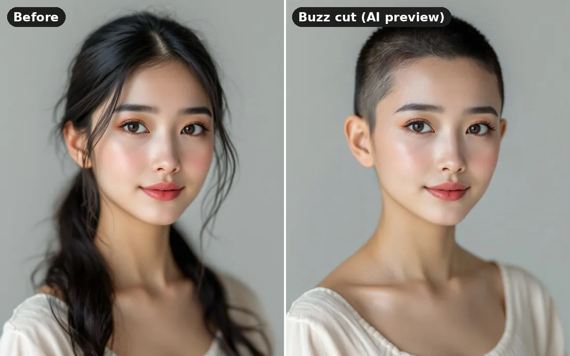 A diamond face with high cheekbones before and after an AI buzz cut preview