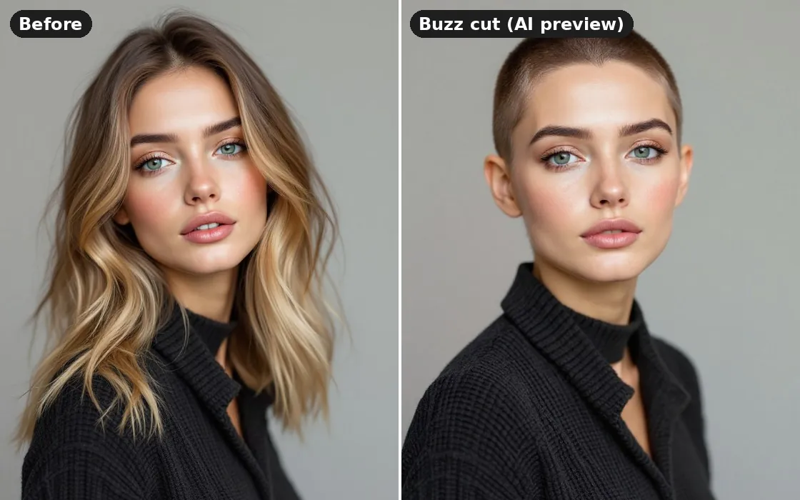 A heart-shaped face before and after an AI buzz cut preview