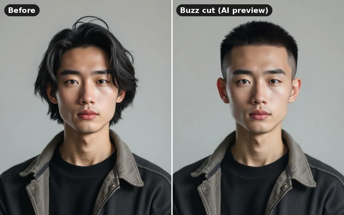 A long, oblong face before and after an AI buzz cut preview