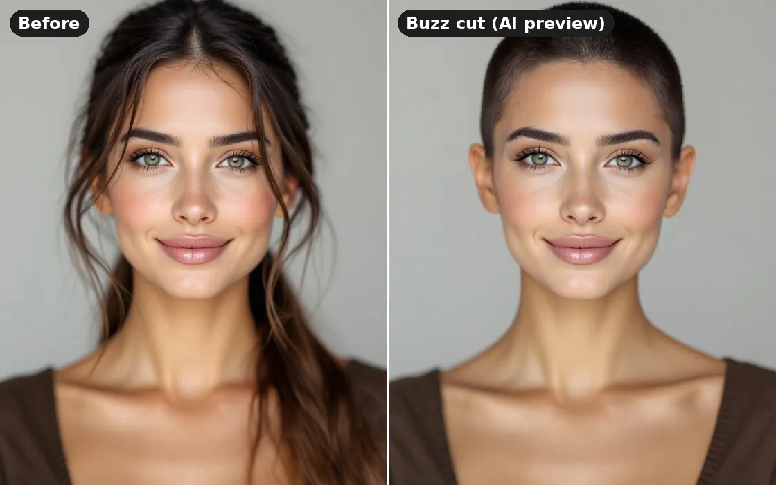 An oval face before and after an AI buzz cut preview