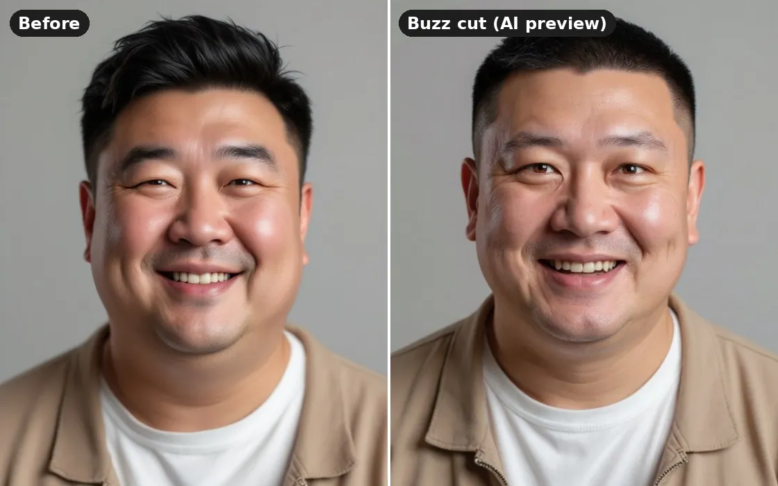 A round face with full cheeks before and after an AI buzz cut preview