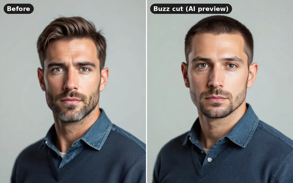 A square face with a strong jaw before and after an AI buzz cut preview