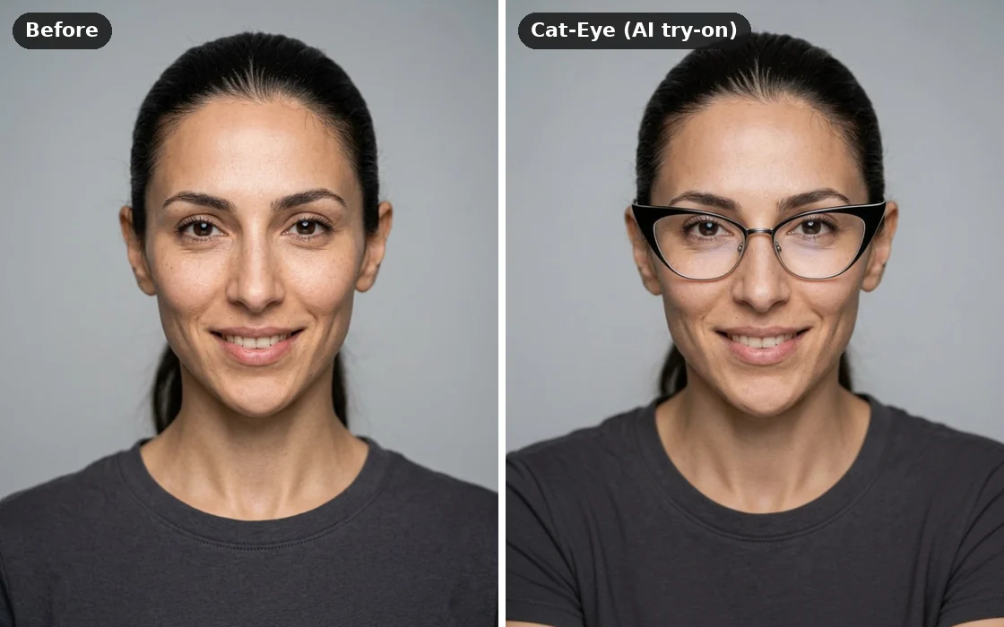 A diamond-shaped face before and after an AI try-on of cat-eye frames