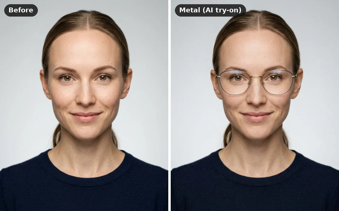 A heart-shaped face before and after an AI try-on of thin metal frames