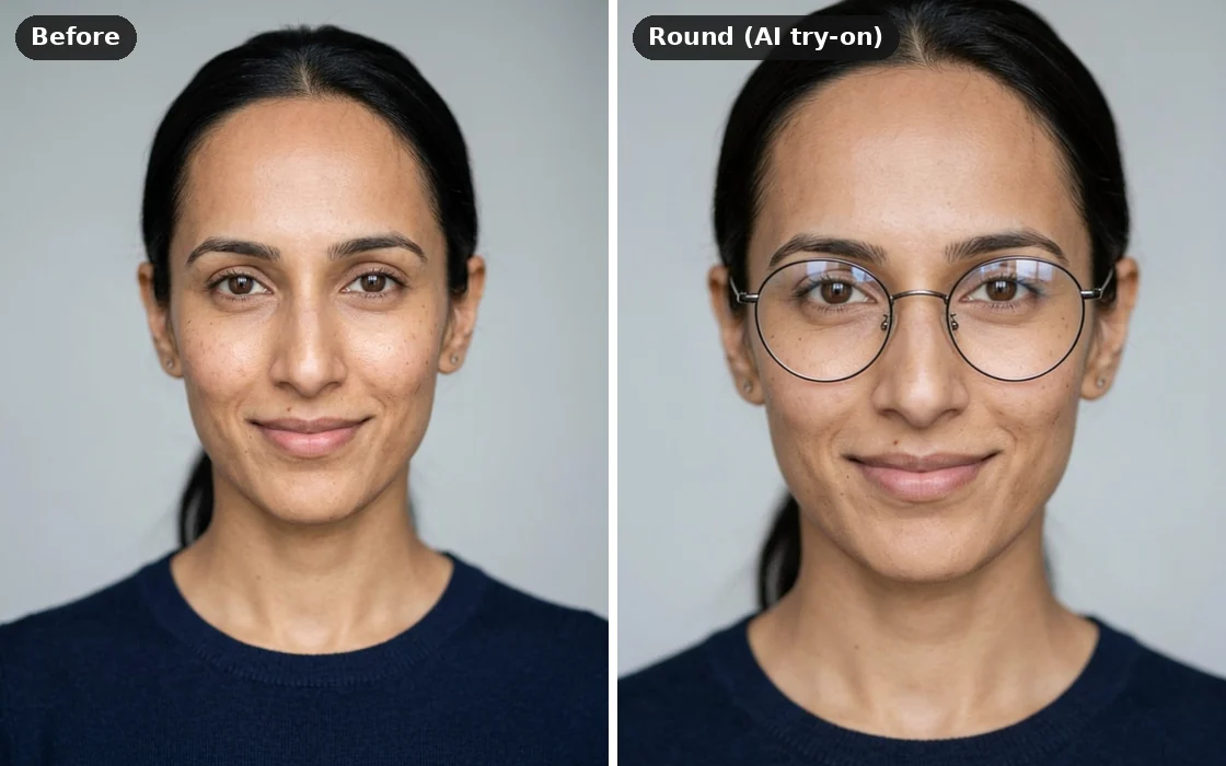 A long, oblong face before and after an AI try-on of deep round frames