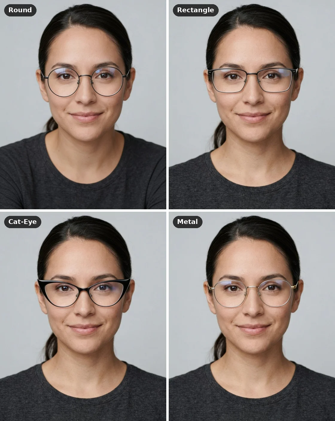 The same oval face with four AI glasses try-ons: round, rectangle, cat-eye and metal frames