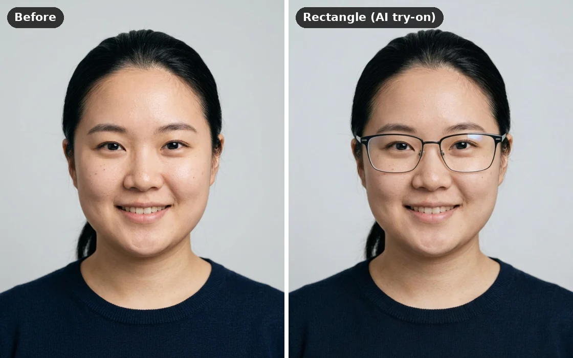 A round face before and after an AI try-on of rectangle frames