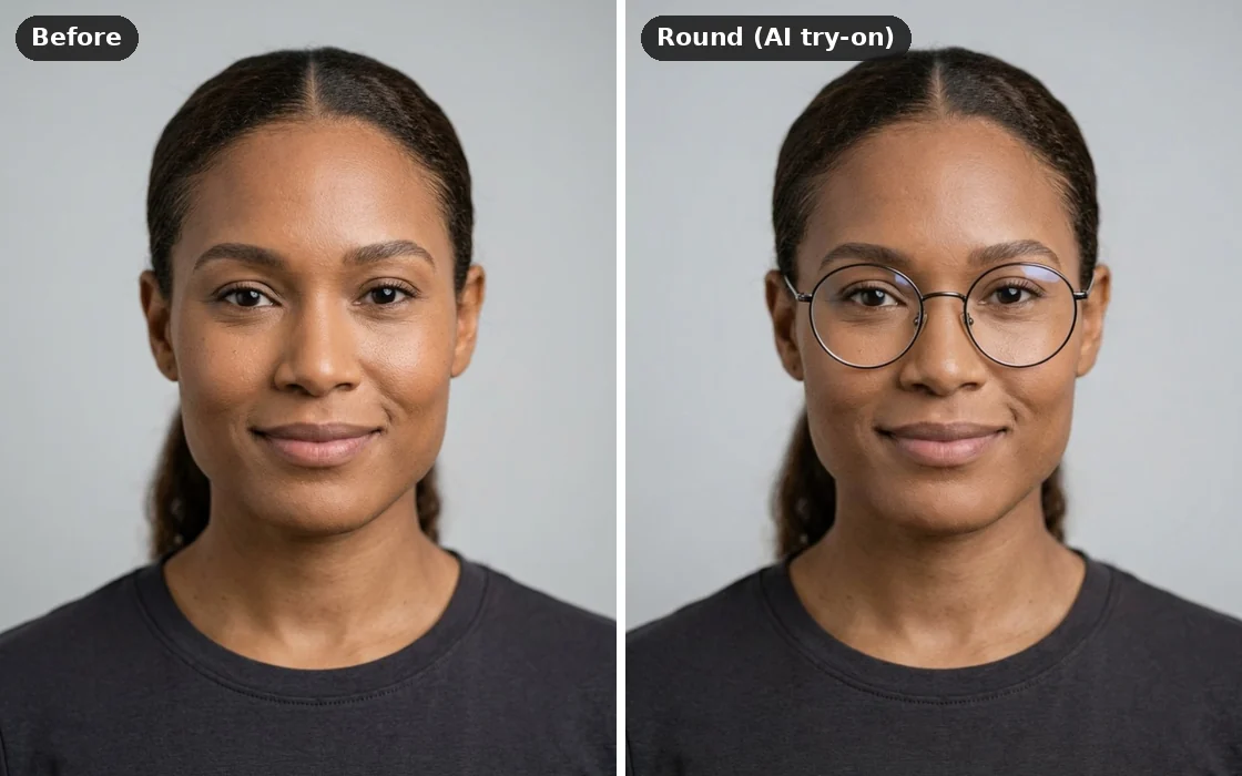 A square face before and after an AI try-on of round frames