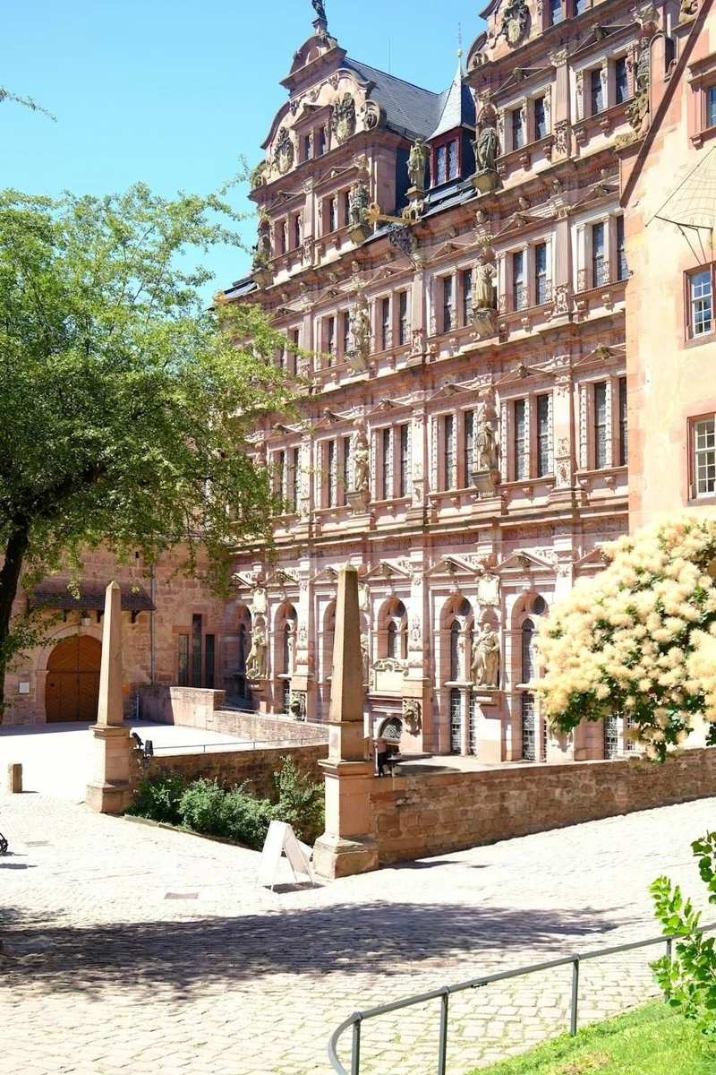 Two visitors photographing a castle courtyard, removed from the photo