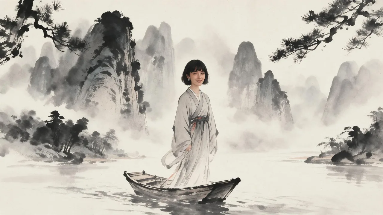 Ink & mist: A Chinese ink-wash scroll: rice paper, karst peaks and a small boat on a misty river.