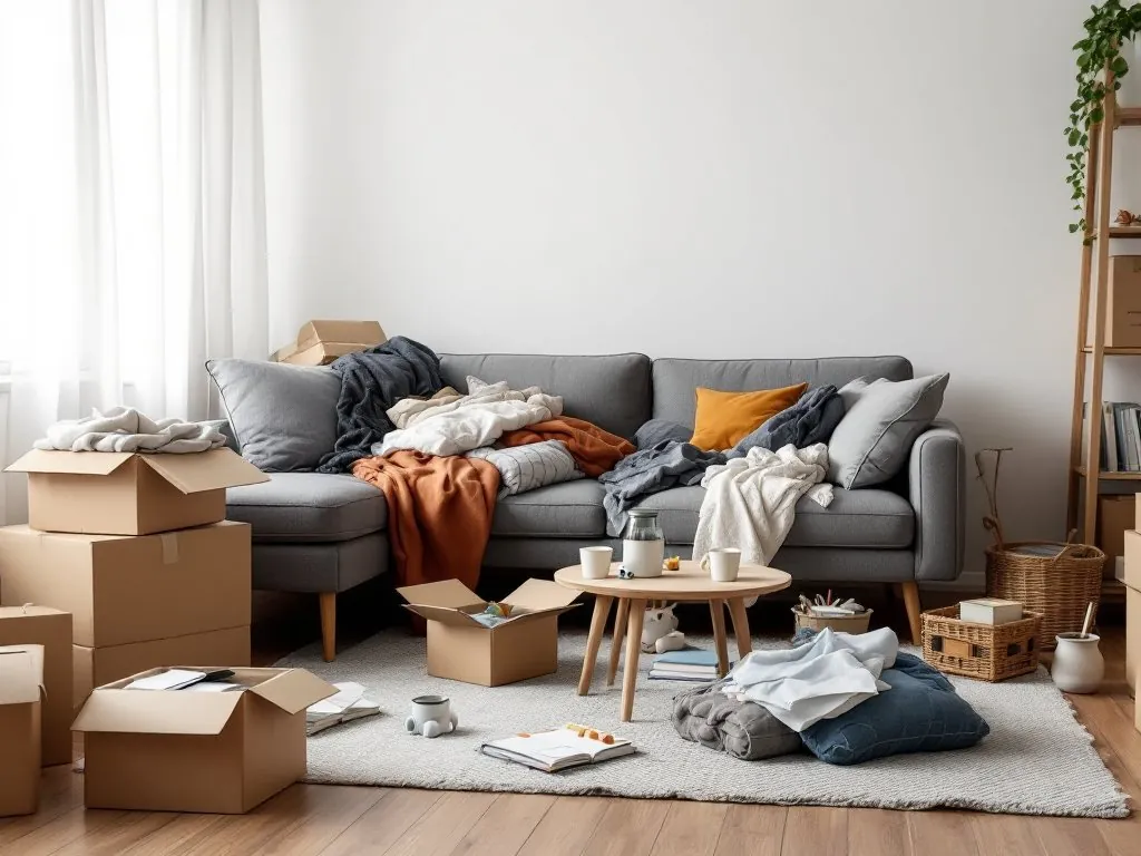 A messy living room with boxes, clothes and a cluttered sofa, and the same room shown empty by the AI Room Cleaner (before)