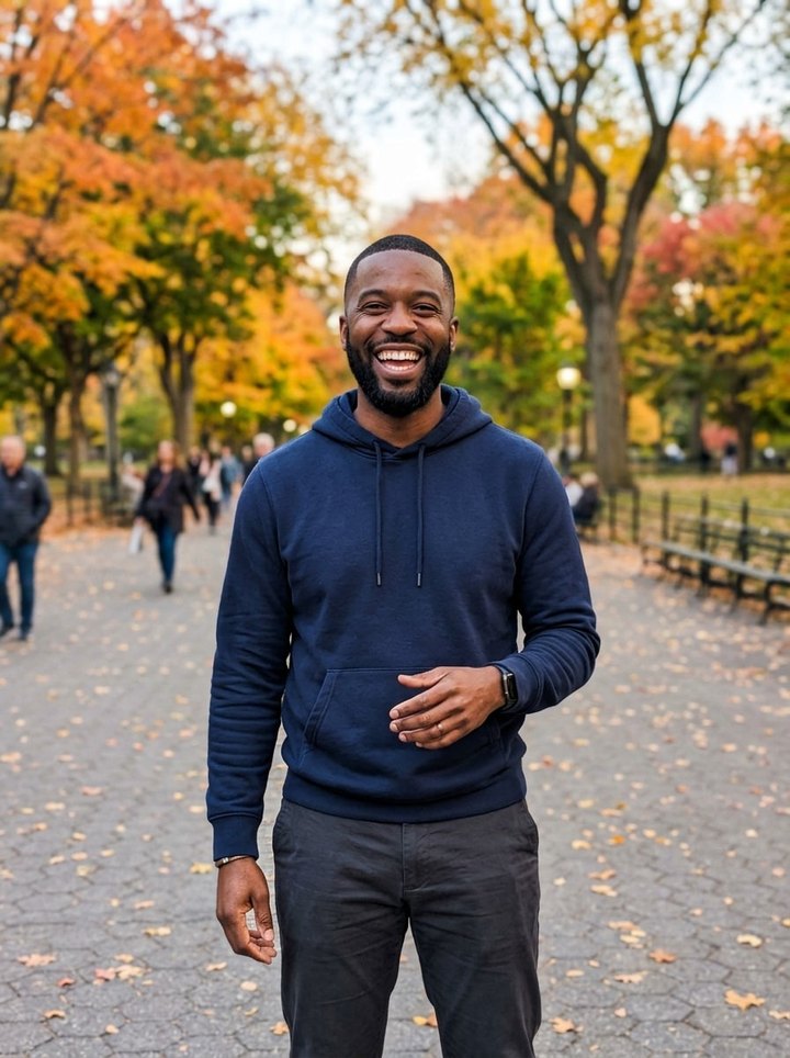 Uploaded photo: A laugh in the park. Same beard and grin, even the same watch, now in a sequined suit among the candy canes.