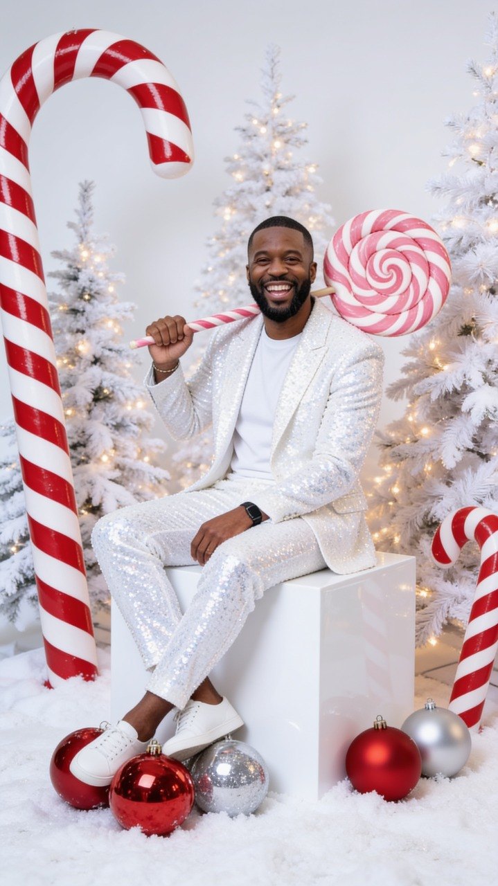 AI Christmas Photo Trend still: A laugh in the park. Same beard and grin, even the same watch, now in a sequined suit among the candy canes.