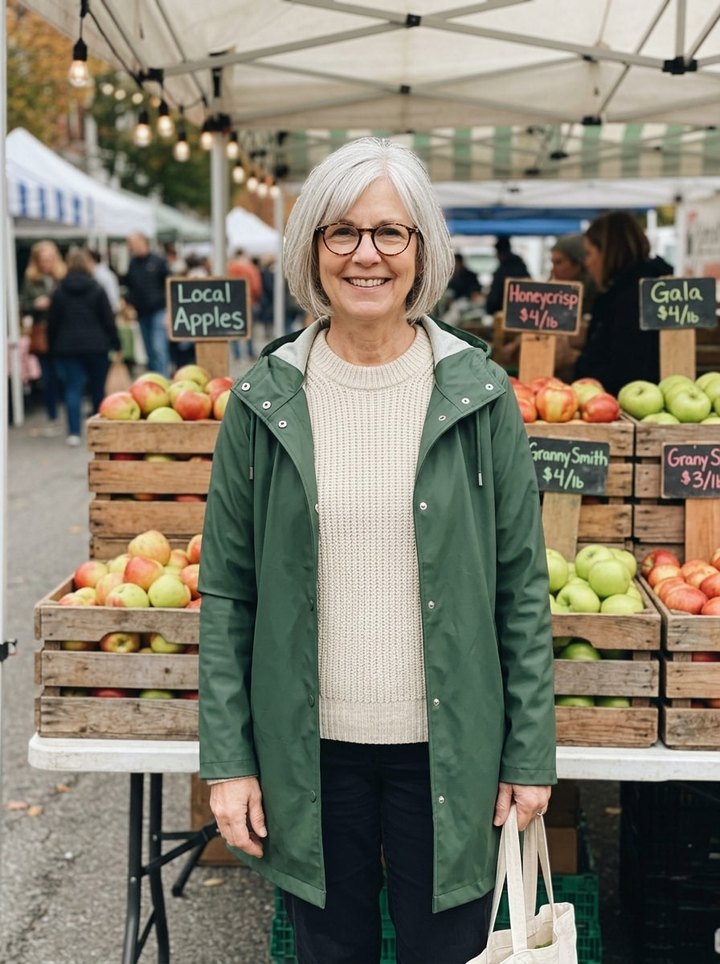 Uploaded photo: A farmers market snapshot. Same silver bob and glasses, now posing like a holiday magazine cover.