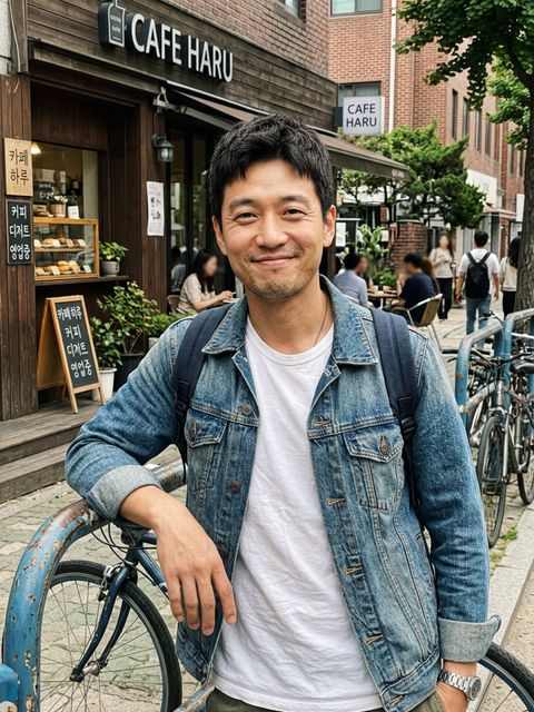 Uploaded photo: A street photo outside a café. Same denim jacket and backpack, at the head of the table.