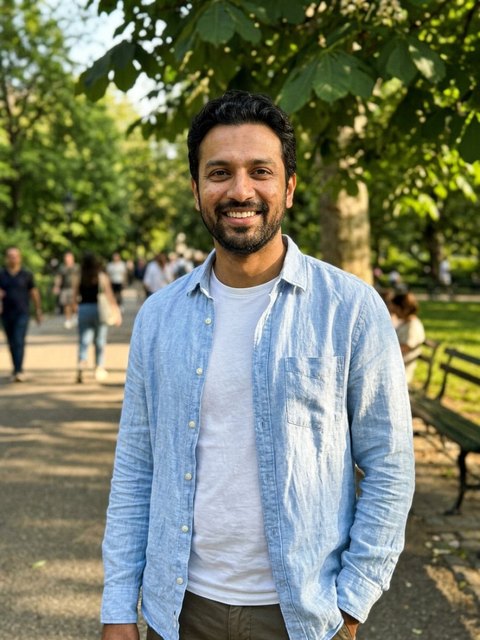 Uploaded photo: A park photo in a light-blue linen shirt. Same short hair and beard, hand on his chest at golden hour.
