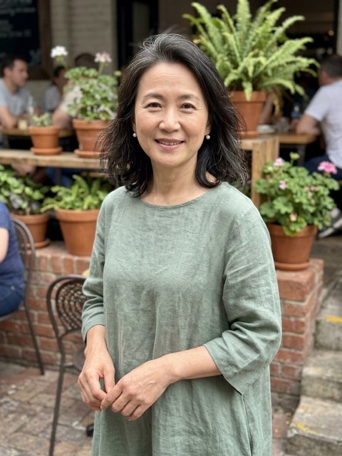 Uploaded photo: A café snapshot in a sage-green dress. Same shoulder-length hair, singing barefoot on the boards as the sun goes down.